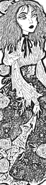 Free colorable bookmarks of a witch sitting down with a ribbon necklace